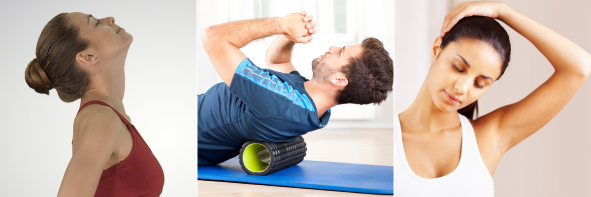 Neck stretches including flexion, extension, and foam roller.